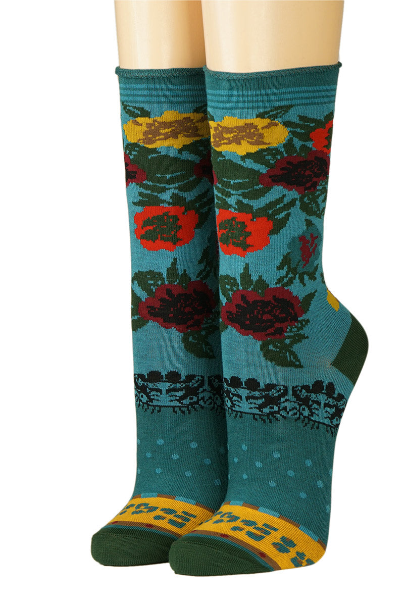 CRÖNERT Damensocken mit Rollrand große Blüten 18247