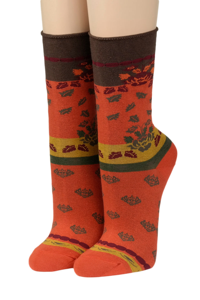 Crönert Orange Damensocken Herbstblättern und Streifen