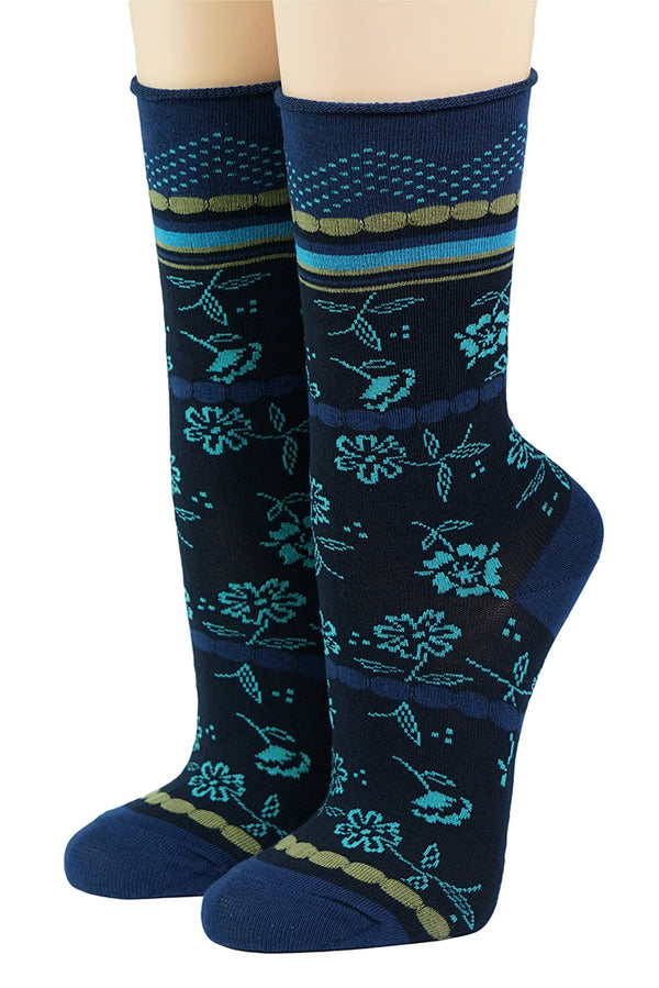 Crönert Socken Rollrand Blüten Marineblau 