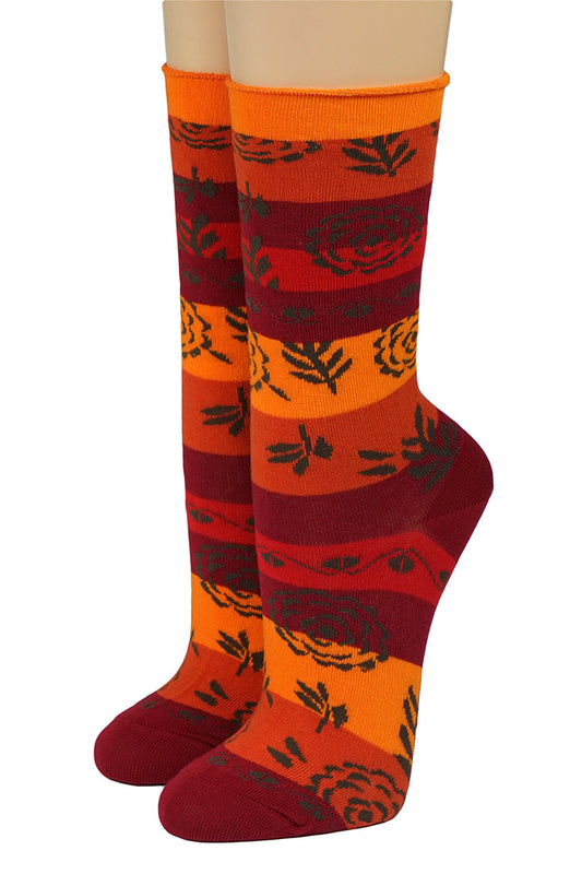 Damensocken Ringel und Blüten rot und orange