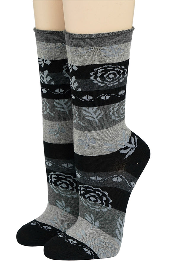 Crönert Socken Blockstreifen und Blüten Schwarz Grau 