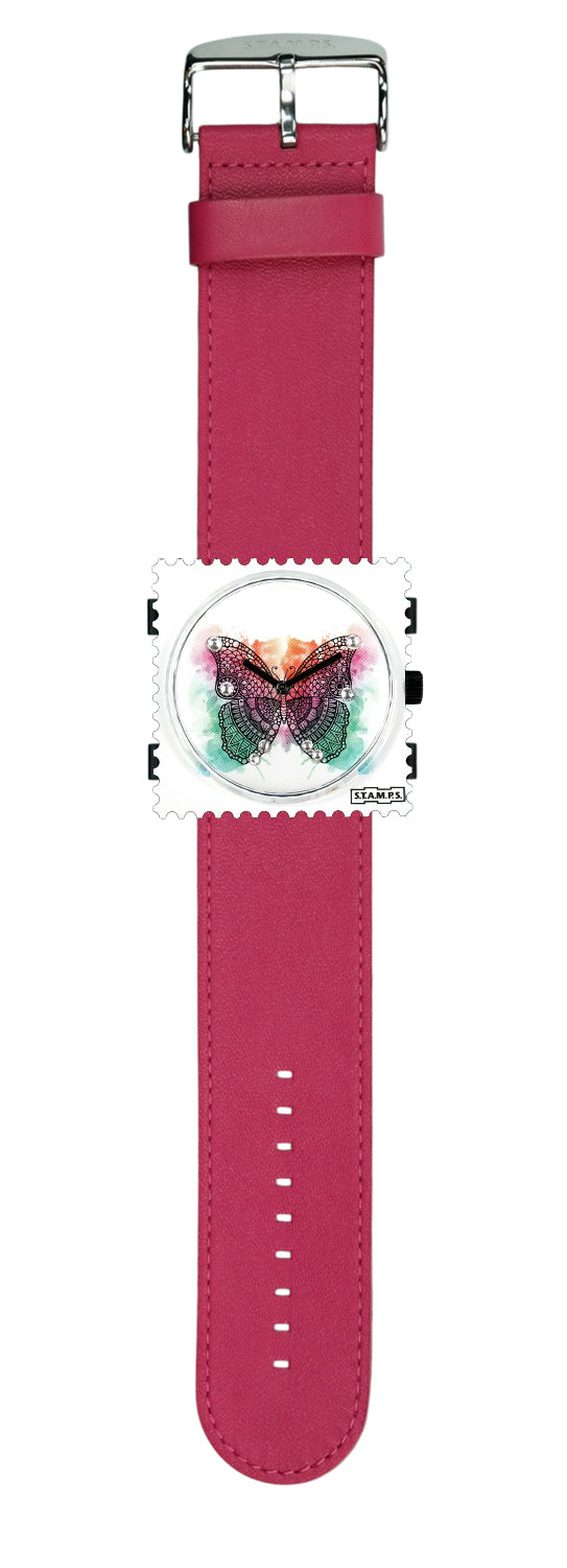 S.T.A.M.P.S. Uhr komplett - Zifferblatt Diamond Butterfly mit Lederarmband Pink