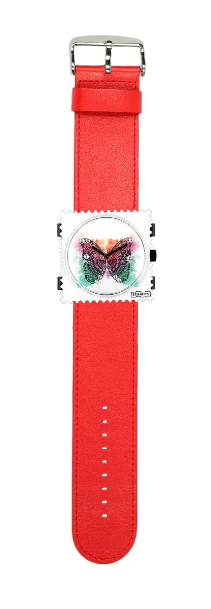 S.T.A.M.P.S. Uhr komplett - Zifferblatt Diamond Butterfly mit Lederarmband Rot