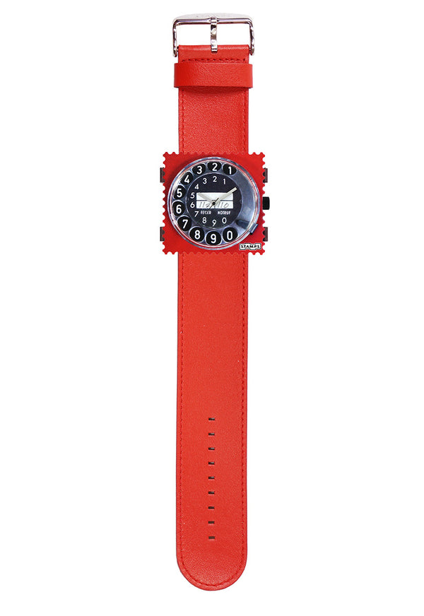 Uhr Zifferblatt rotes Telefon mit Wählscheibe