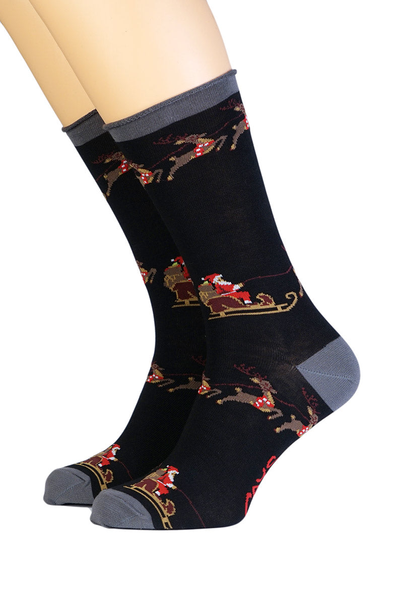 schwarze Herrensocken mit Weihnachtsman und Rentieren