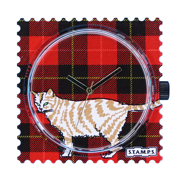 Stamps Uhr Checky Cat, gestreifte Katze vor schottischem Karo