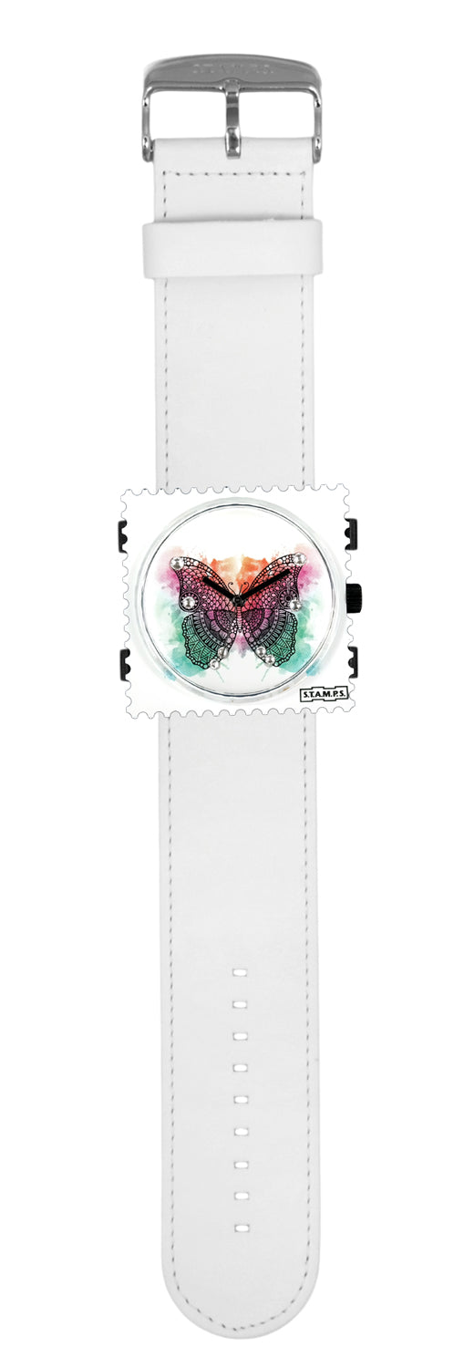 S.T.A.M.P.S. Uhr komplett - Zifferblatt Diamond Butterfly mit Lederarmband White