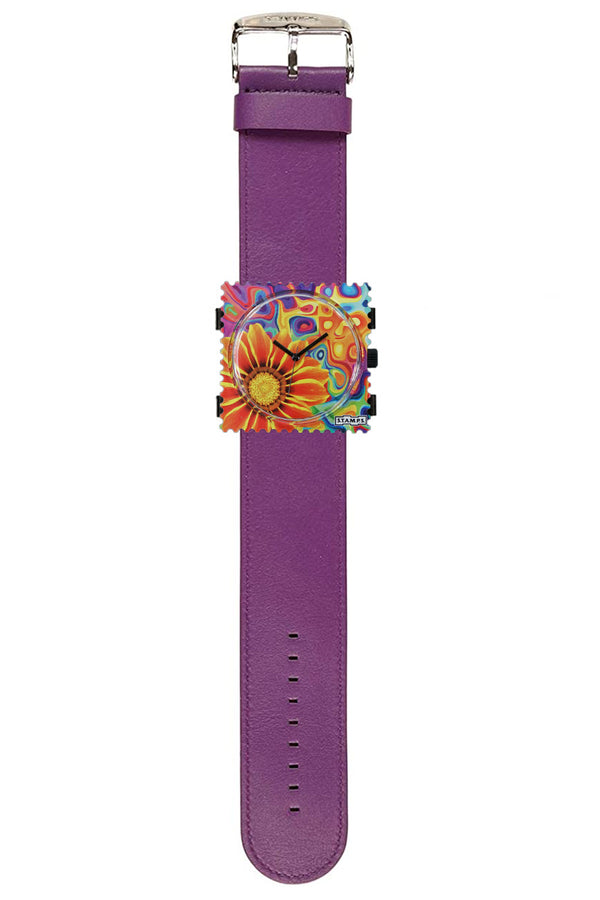Stamps Uhr komplett Blume auf Lederarmband lila