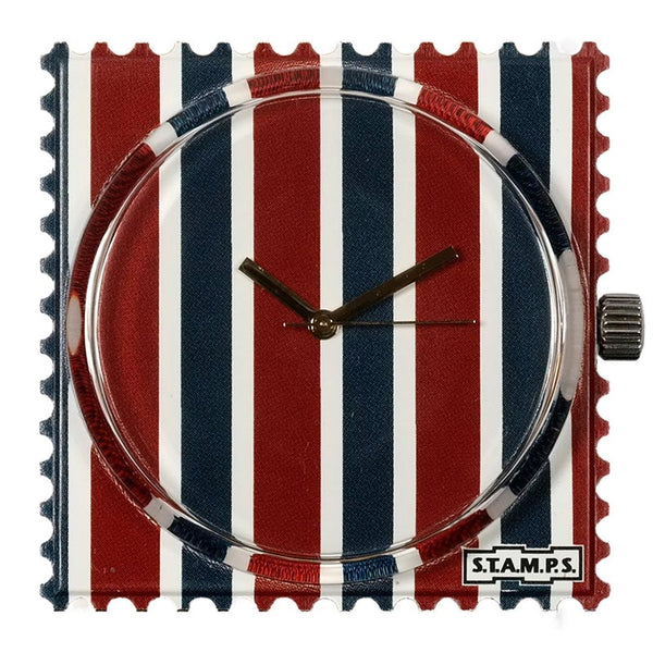 Stamps Uhr mit dunkelroten und dunkelblauen vertikalen Streifen, Zeiger gold