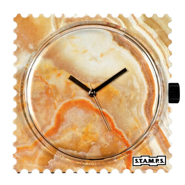 Stamps Uhr orange Maserungen im Stein, goldene Zeiger