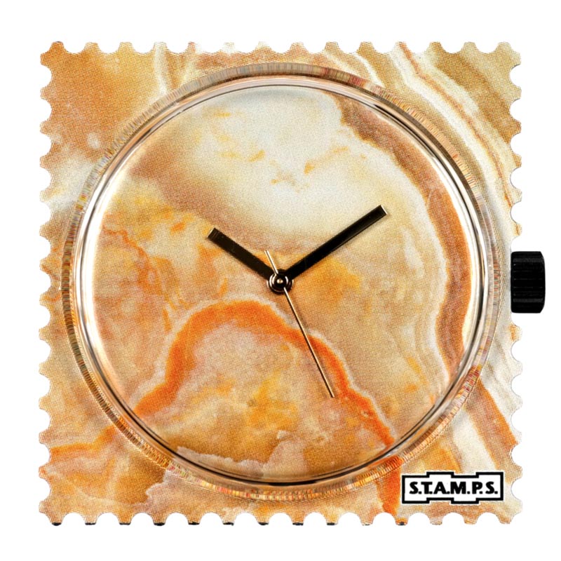Stamps Uhr orange Maserungen im Stein, goldene Zeiger