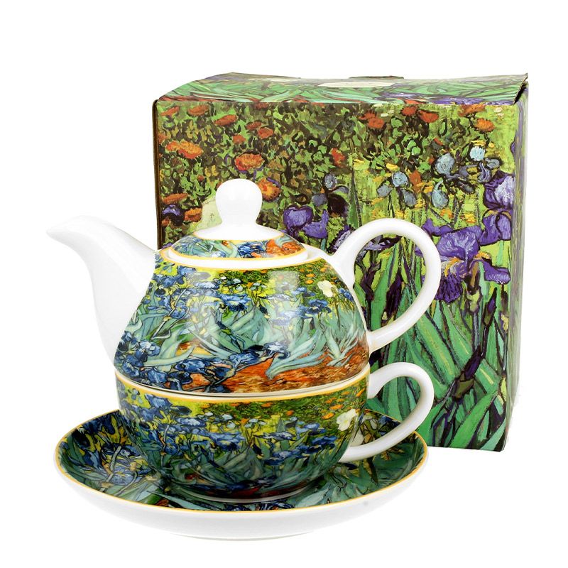 Teekanne und Tasse mit Iris Schwertlilien von Vincent van Gogh mit Geschenkverpackung