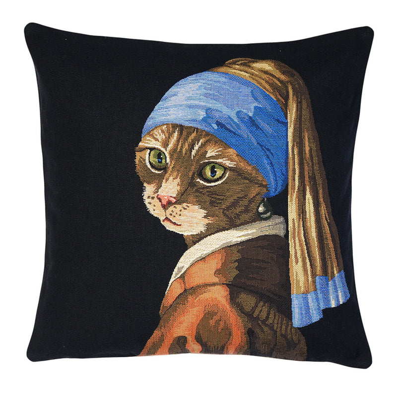 Gobelinkissen Katze mit Kopftuch und Perlenohrring nach Verrmeer