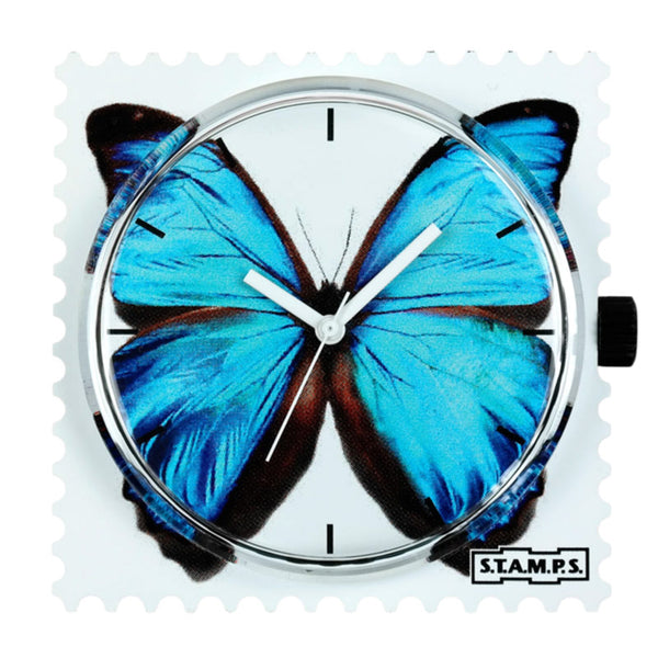 S.T.A.M.P.S. Zifferblatt blauer Schmetterling auf weiß