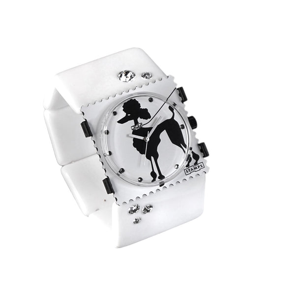 Stamps Uhr Armband weiß mit Strass, Zifferblatt Hund,  Pudel