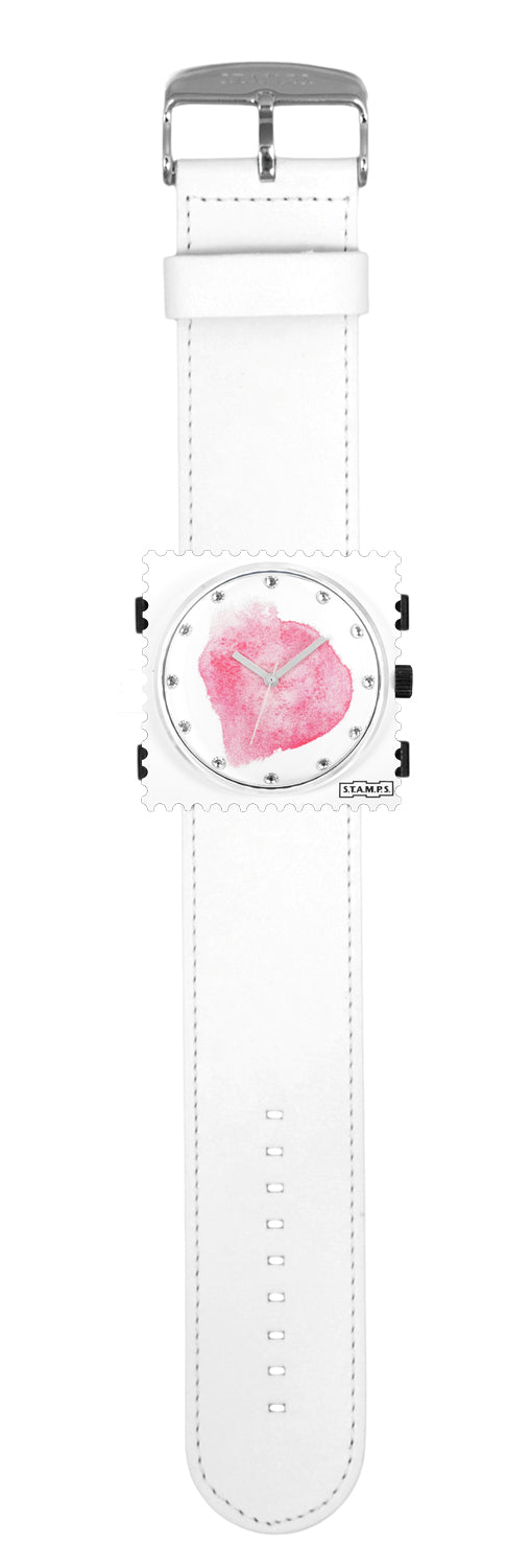 S.T.A.M.P.S. Uhr komplett - Zifferblatt Diamond Blot mit Lederarmband Weiß