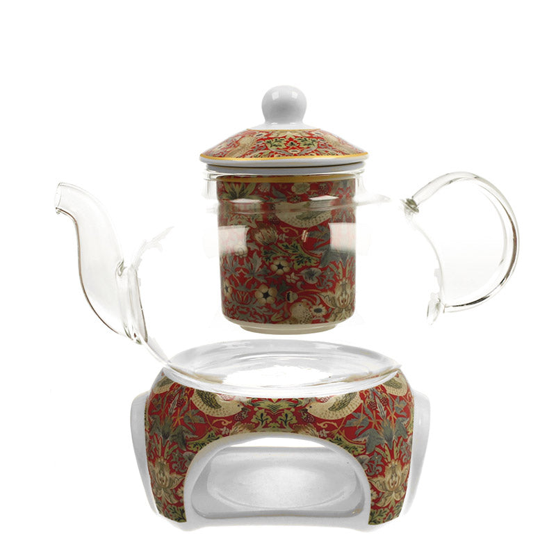 Teekanne aus Glas mit Stövchen William Morris STRAWBERRY THIEF RED