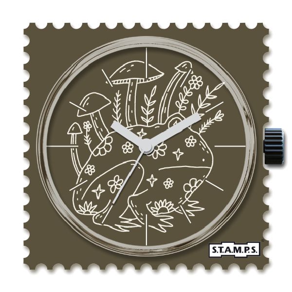 Stamps Uhr mit dickem Frosch und Pilzen