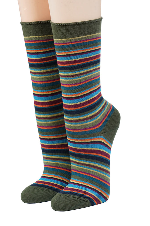Crönert Ringelsocken mit Rollrand oliv mit blau, gelb, schwarz und oliv 