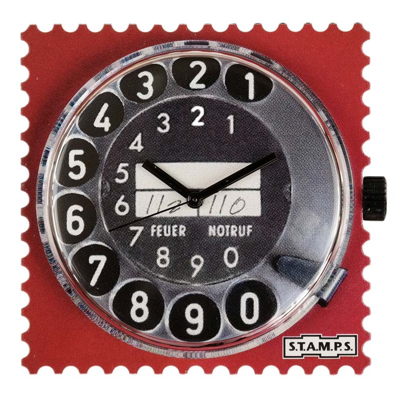 Uhr rotes Telefon mit Wählscheibe Briefmarke