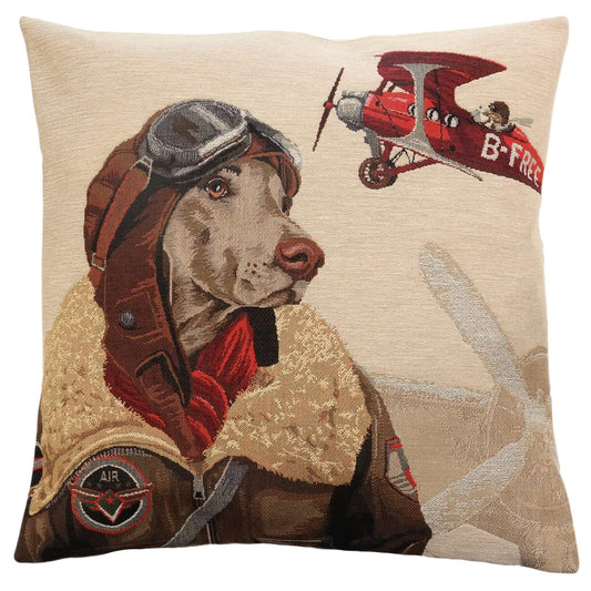 Gobelinkissen mit einem Weimaraner in der Uniform der RAF vor einem Flugzeug mit großem Sternmotor am Himmel ein Doppeldecker mit der Kennung B-FREE