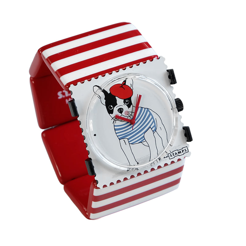 STAMPS Uhr Zifferblatt Hund mit Baskenmütze, Belta rot weiß
