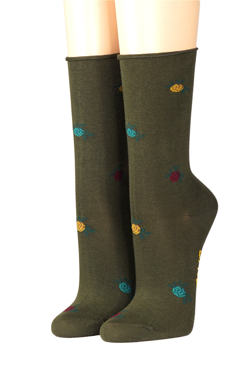 Crönert Damensocken oliv mit kleinen Blümchen