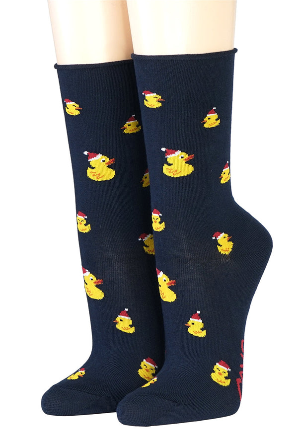 blaue Damensocken mit gelben Enten mit roten Mützen