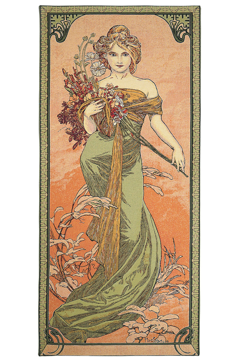 Gobelin Wandbehang Junge Frau mit Blumen Der Frühling nach A. Mucha