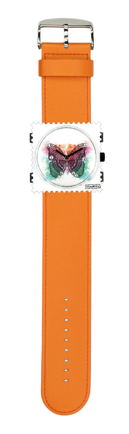 S.T.A.M.P.S. Uhr komplett - Zifferblatt Diamond Butterfly mit Lederarmband Orange