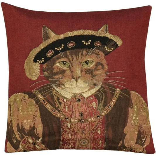 Gobelinkissen Kater mit Barett und Feder mit Amtskette des englischen Königs in einem bestickten Wams