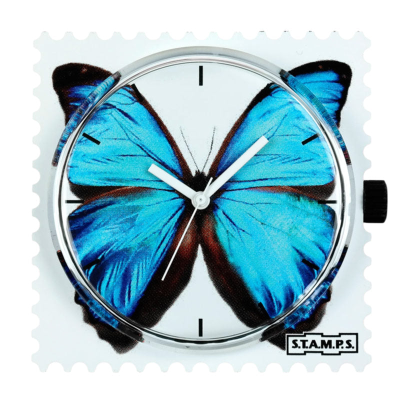 STAMPS Zifferblatt blauer Schmetterling auf weiß