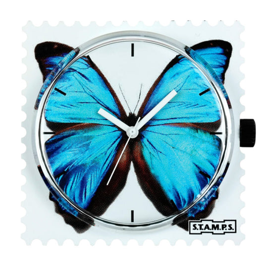 STAMPS Zifferblatt blauer Schmetterling auf weiß