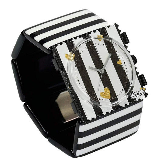 STAMPS Uhr komplett - Zifferblatt Golden Love auf Belta Stripes Black White