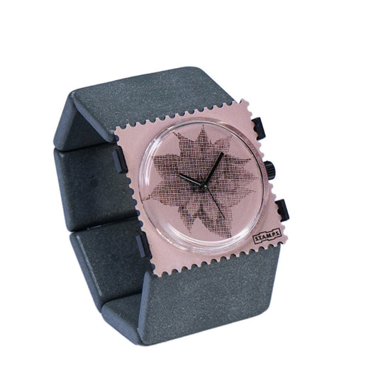 STAMPS Uhr schwarze Blüte auf rose mit Gliederarmband grau