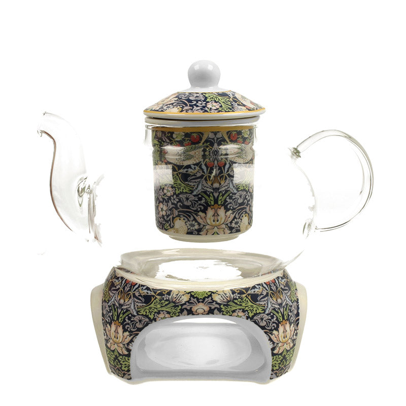 Teekanne aus Glas mit Stövchen William Morris STRAWBERRY THIEF BLUE