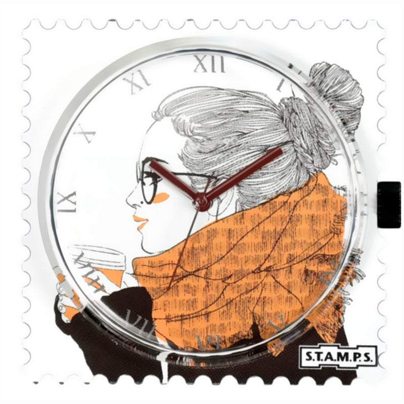 Stamps Zifferblatt Junge Frau mit Schal und Teebecher