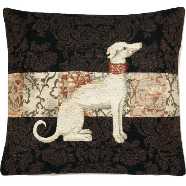 Gobelinkissen ein englischer Windhund sitzt Ornamente auf beige und braun