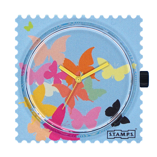Stamps Zifferblatt bunte Schmetterlinge auf hellblau