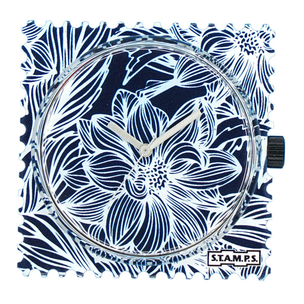 STAMPS Uhr Zifferblatt grafische Blüten blau
