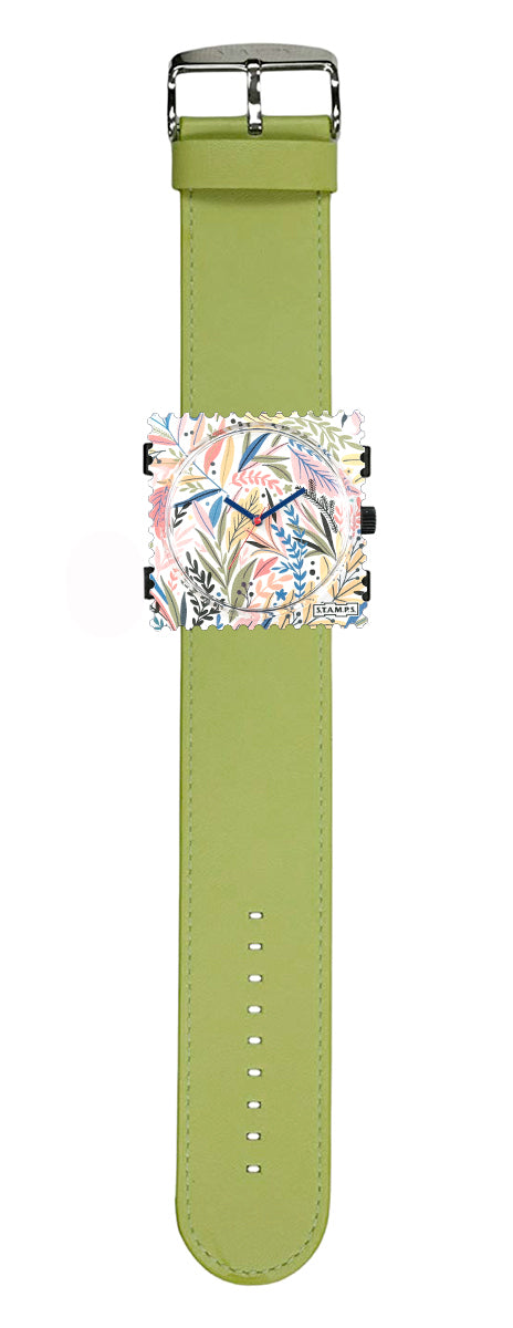 S.T.A.M.P.S. Uhr komplett - Zifferblatt Pattern Fern mit Lederarmband Army