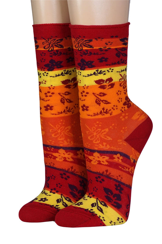 Socken Rot Gelb  Blüten Blockstreifen