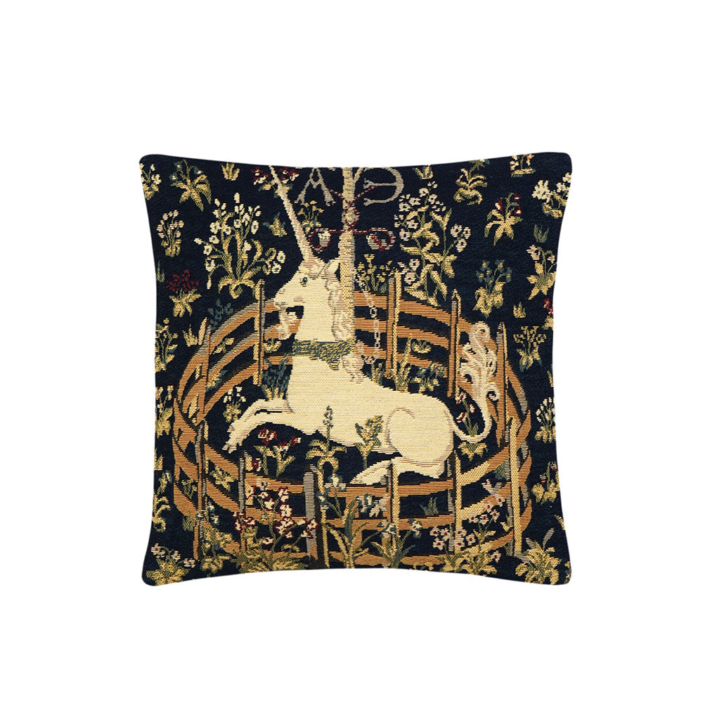 Gobelinkissen Einhorn in Gefangenschaft , ein Einhorn ist in einen Gatter gefangen