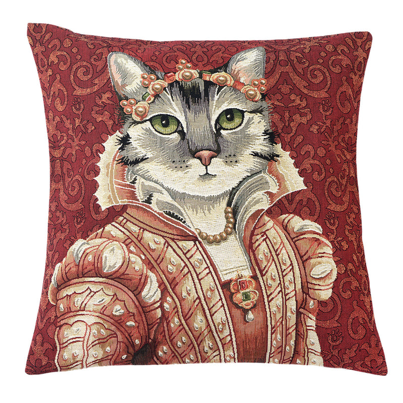 Gobelinkissen Katze mit Reif und Brosche im Renaissanse Kleid mit Puffärmeln und Stehkragen