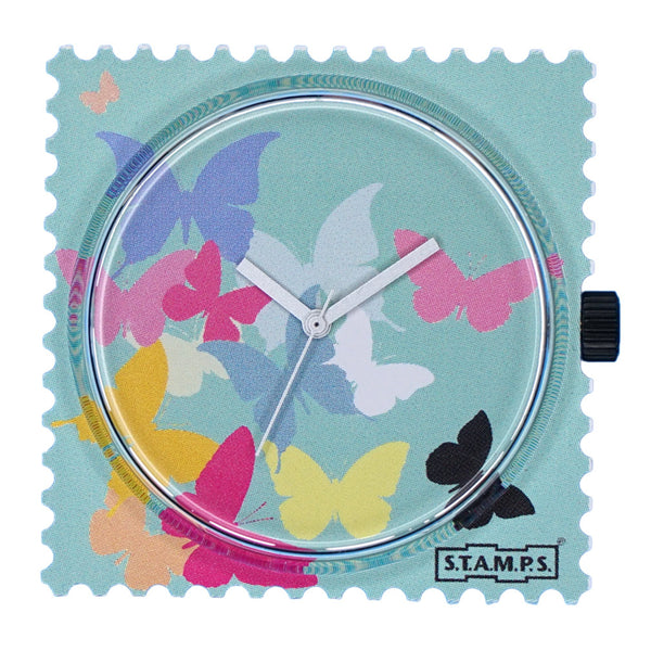 Stamps Uhr mit kleinen bunten Schmetterlingen auf hellgrün
