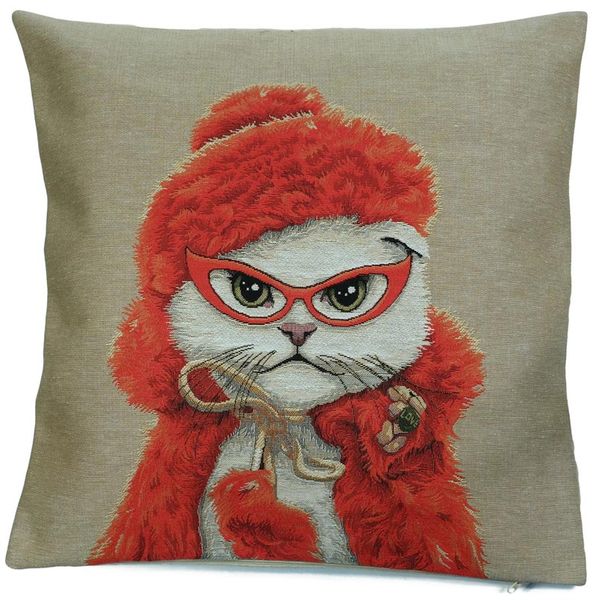 Gobelinkissen Katze mit roter Brille und roter Mütze