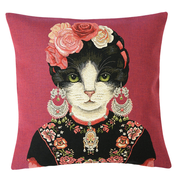 Gobelinkissen mit schwarz weißer Katze mit Blumen im Haar und riesigen Ohrringen und mit Blumen besticktem Tuch Frida Kahlo Cat